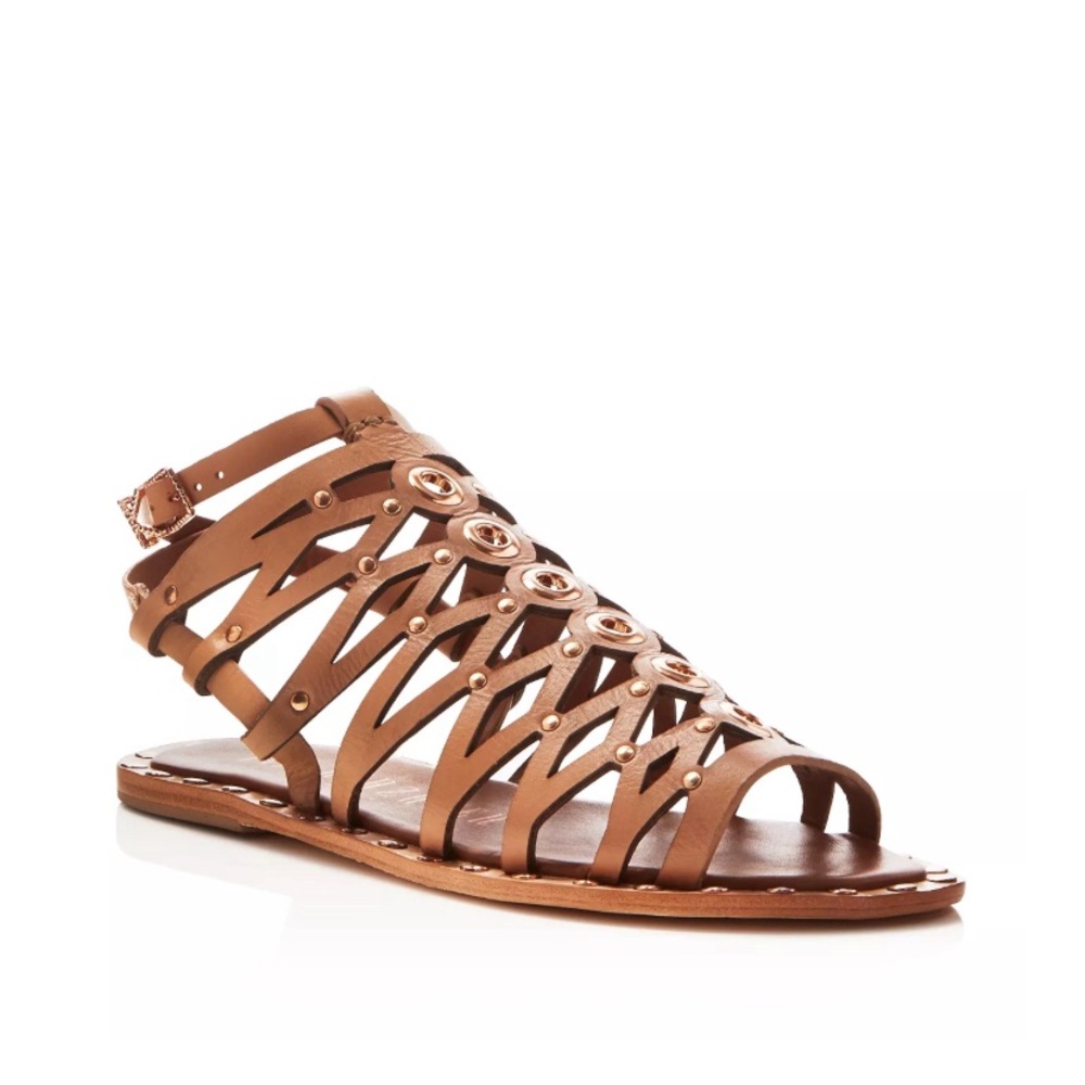 IVY KIRZHNER Rose Gold Hardware Gladiator Sandals. Caramel leather.